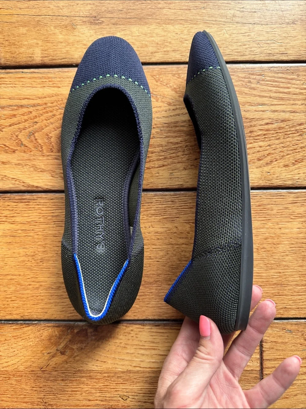 Rothy's The Square Highland Captoe Olive Navy Sz 7.5 Knit Ballet Flat Loafers